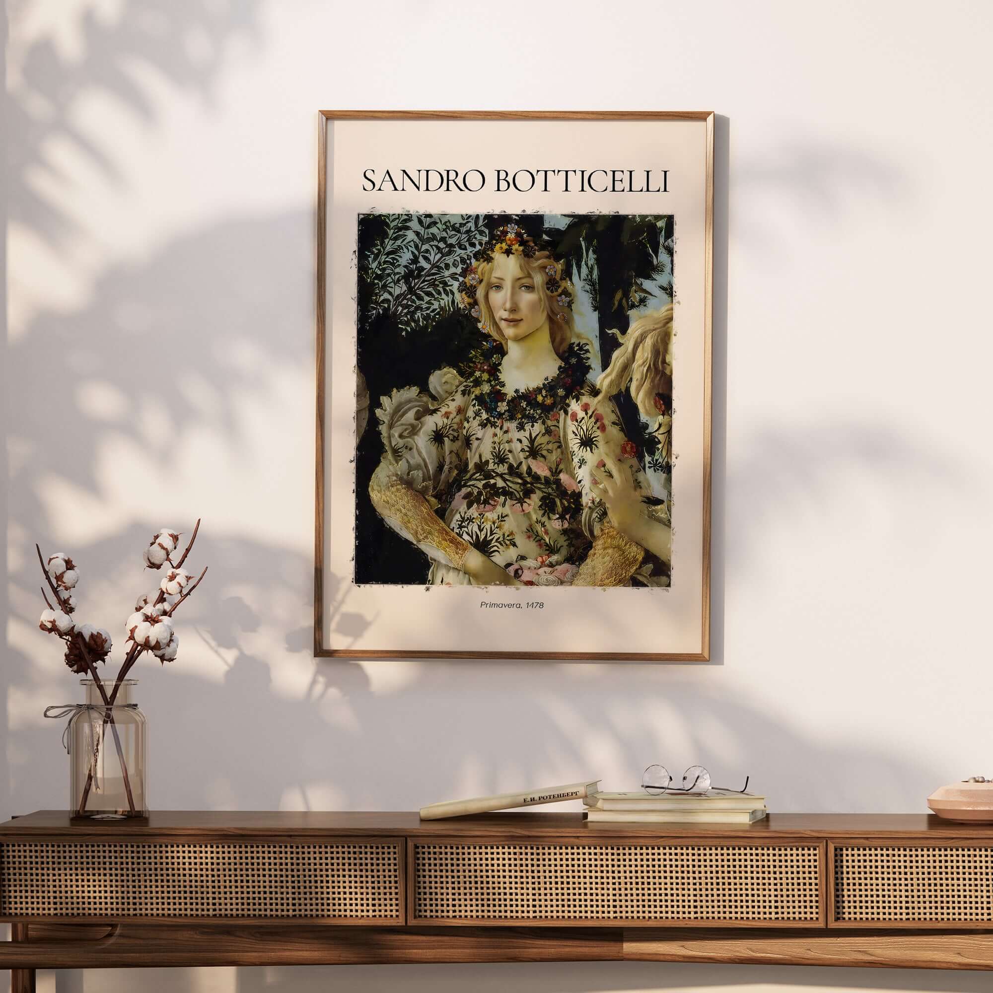 Botticelli Primavera Detail Flora Art Print Renaissance Allegory Spring Poster framed on wall with floral design.