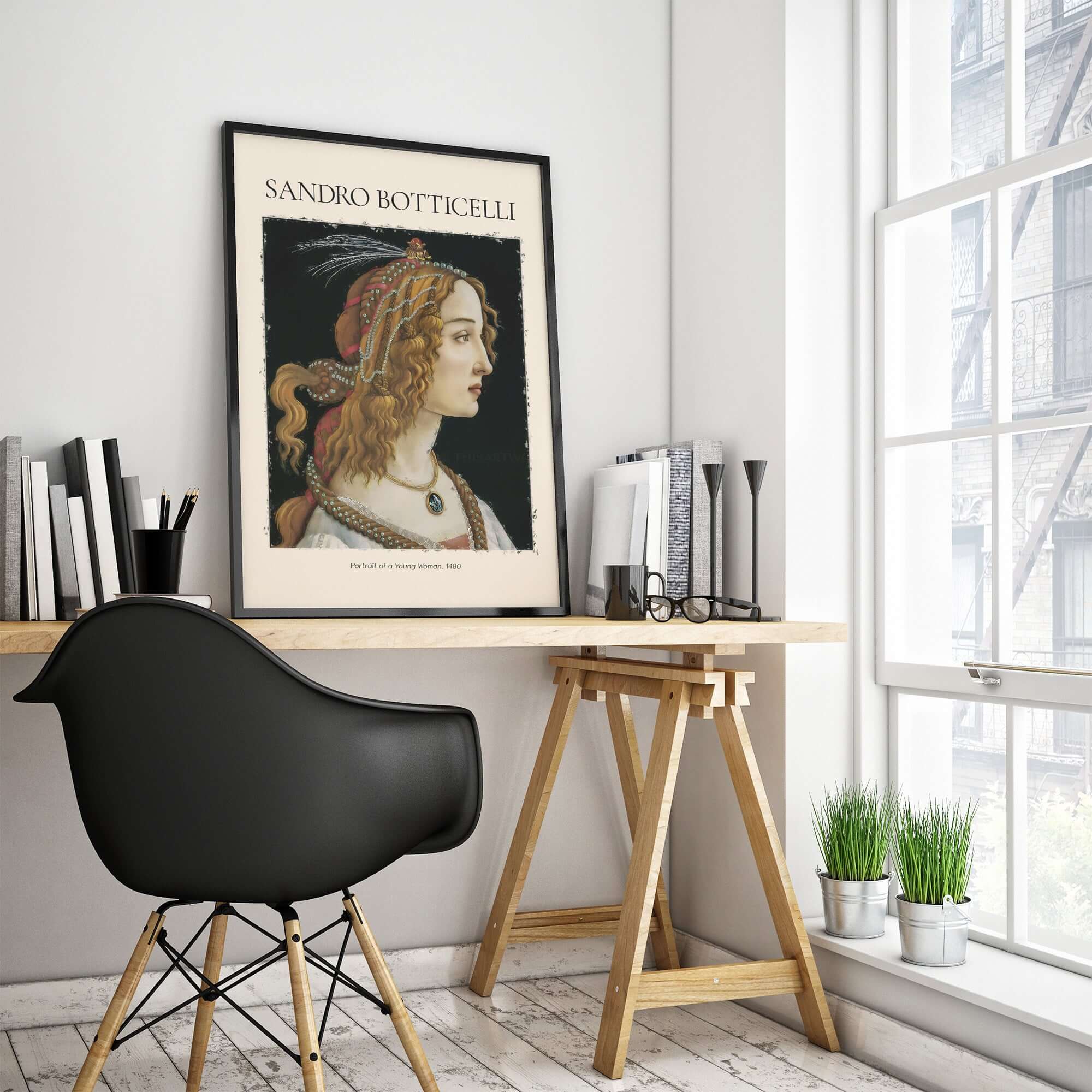 Botticelli Portrait of a Young Woman Simonetta Vespucci Art Print Renaissance Poster displayed in modern workspace.
