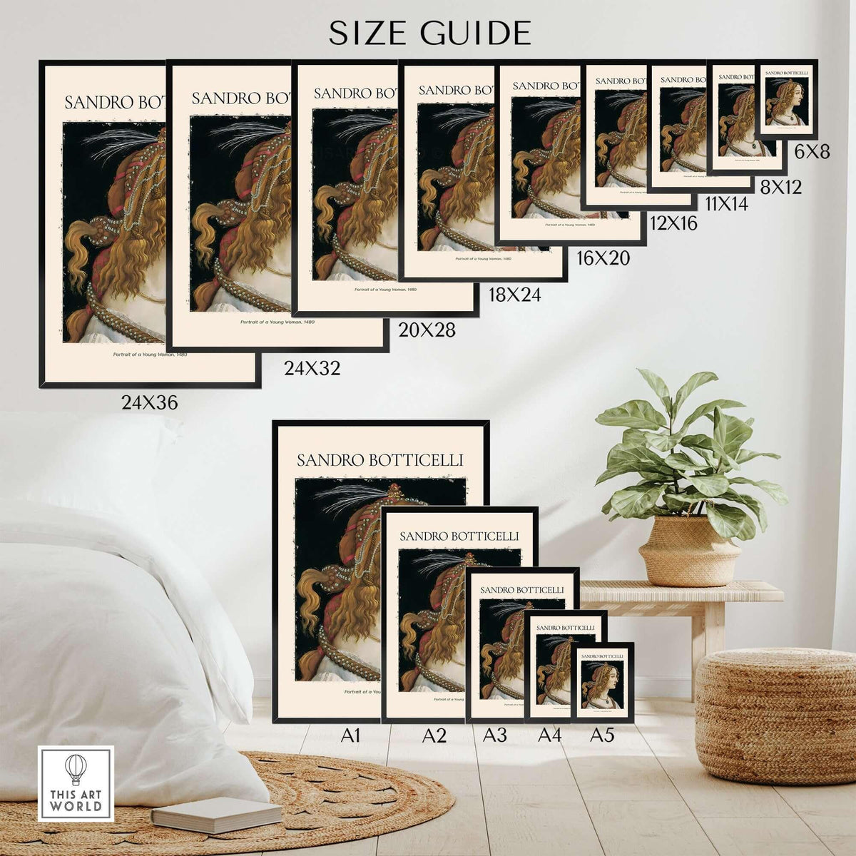 Botticelli Portrait of a Young Woman Simonetta Vespucci Art Print Renaissance Poster size guide showing various dimensions.