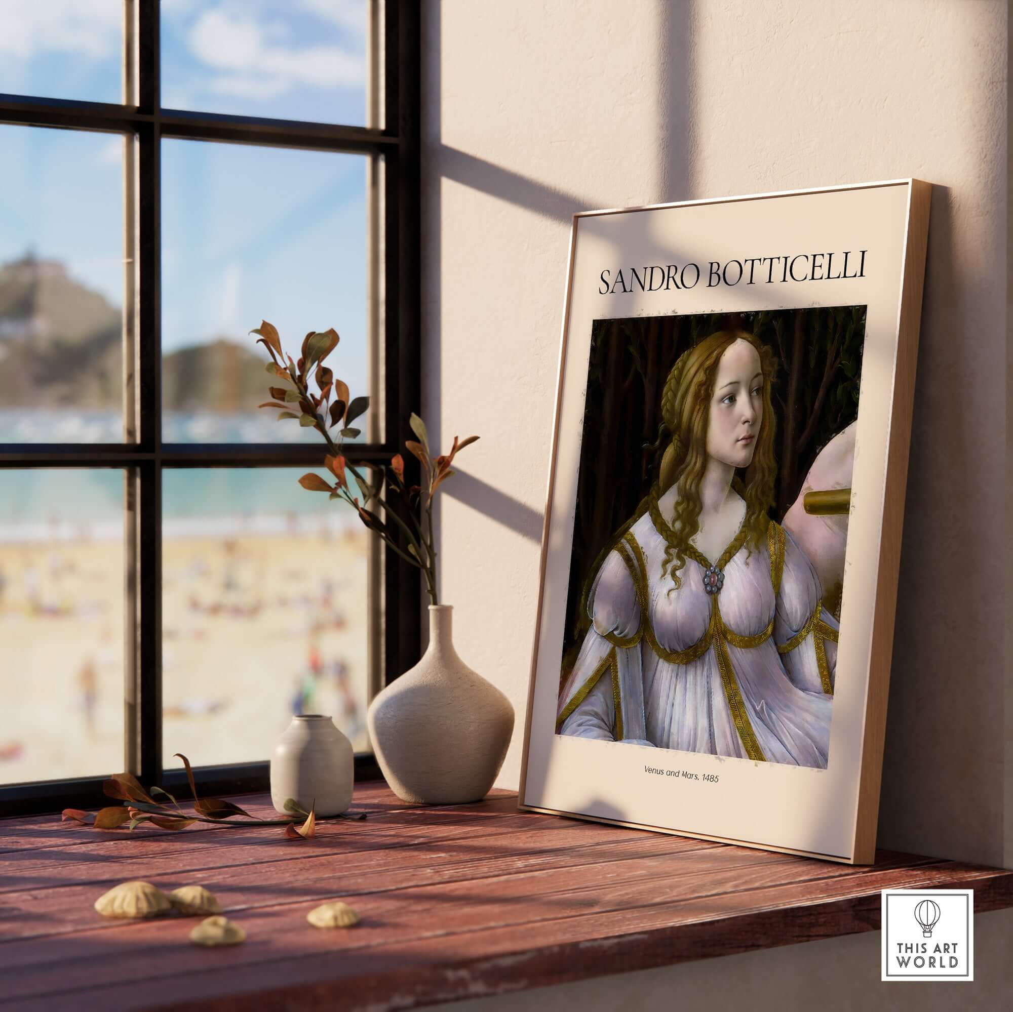 Botticelli Venus and Mars Detail Art Print Renaissance Portrait Poster Wall Art displayed in a bright window setting.