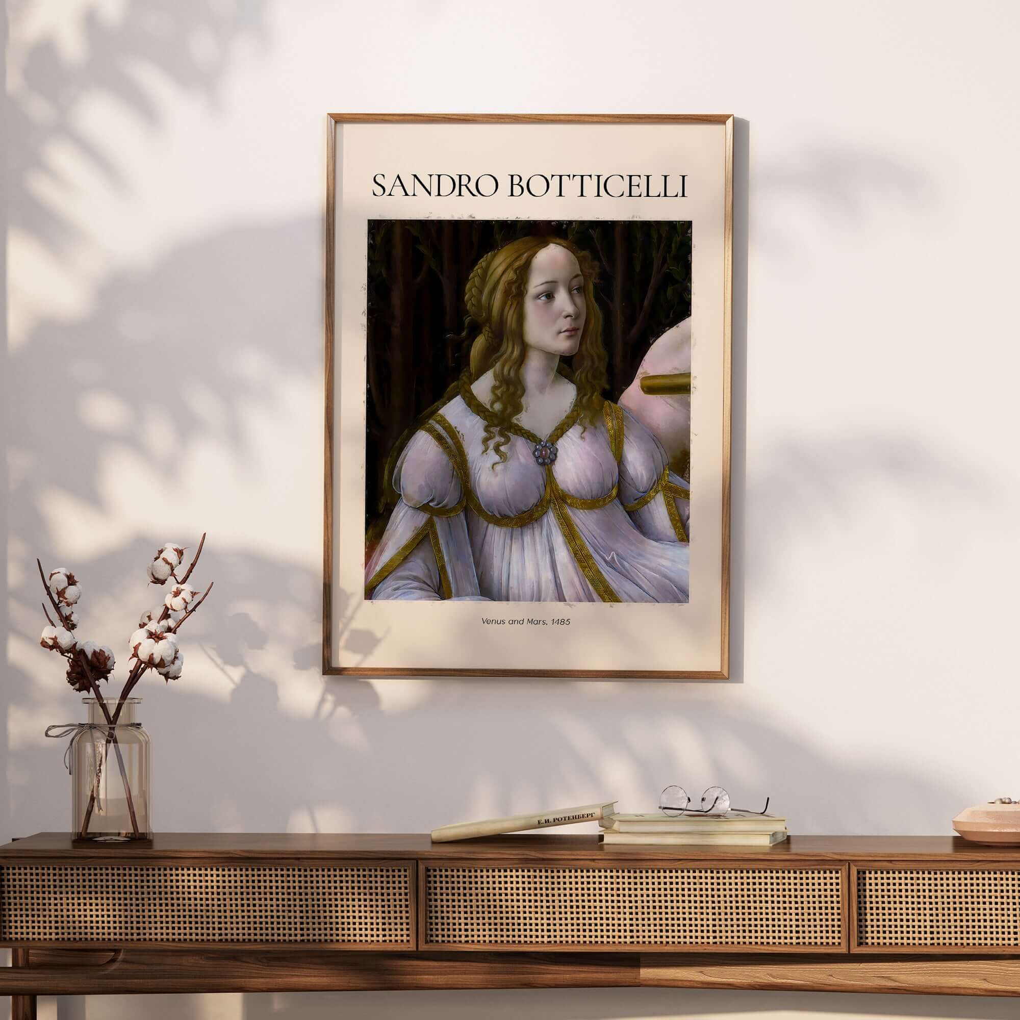 Botticelli Venus and Mars Detail Art Print Renaissance Portrait Poster Wall Art displayed on a stylish wall.