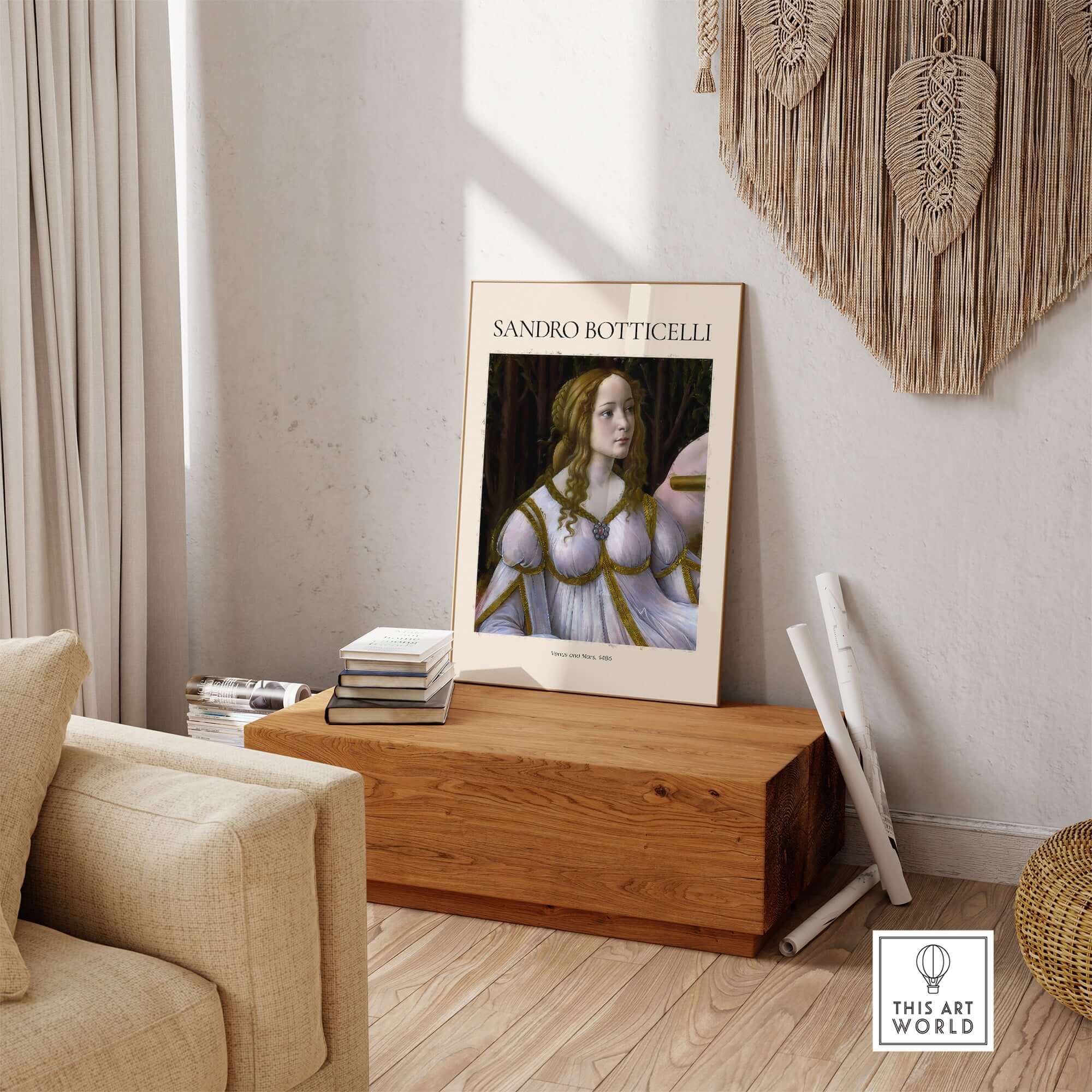 Botticelli Venus and Mars Detail Art Print Renaissance Portrait Poster Wall Art displayed in a stylish interior.
