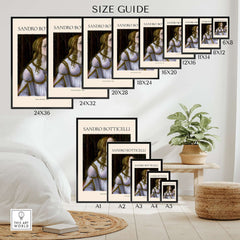 Botticelli Venus and Mars Detail Art Print Renaissance Portrait Poster Wall Art size guide with various frame sizes.
