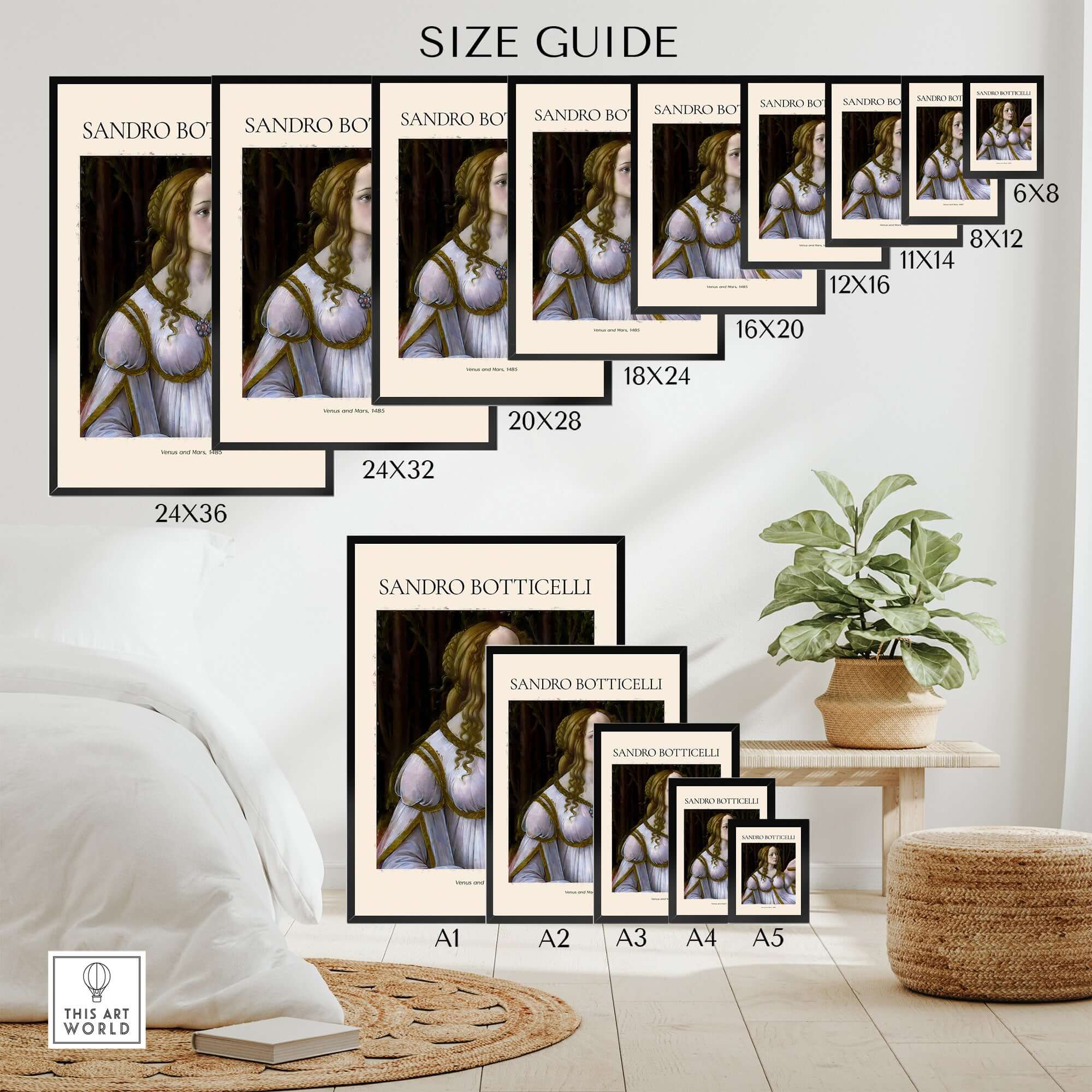 Botticelli Venus and Mars Detail Art Print Renaissance Portrait Poster Wall Art size guide with various frame sizes.