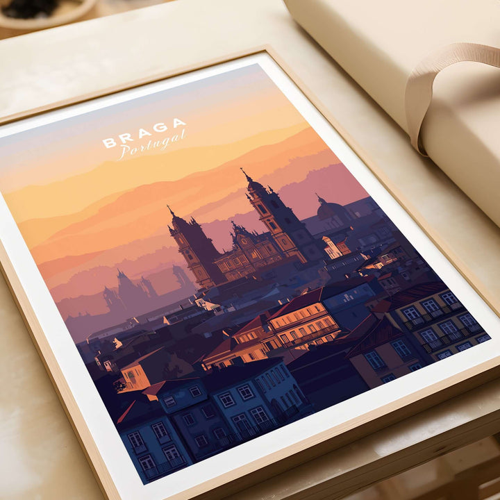 Braga Cathedral Rooftops View Print | Portuguese City Wall Decor showcasing Braga's iconic skyline at sunset.