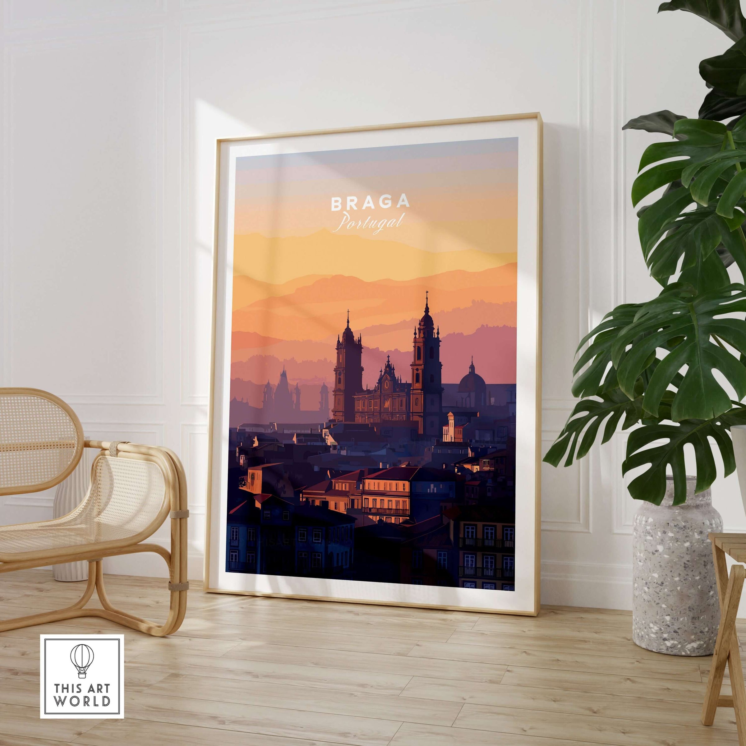 Braga Cathedral Rooftops View Print | Portuguese City Wall Decor in a stylish interior setting with plants.