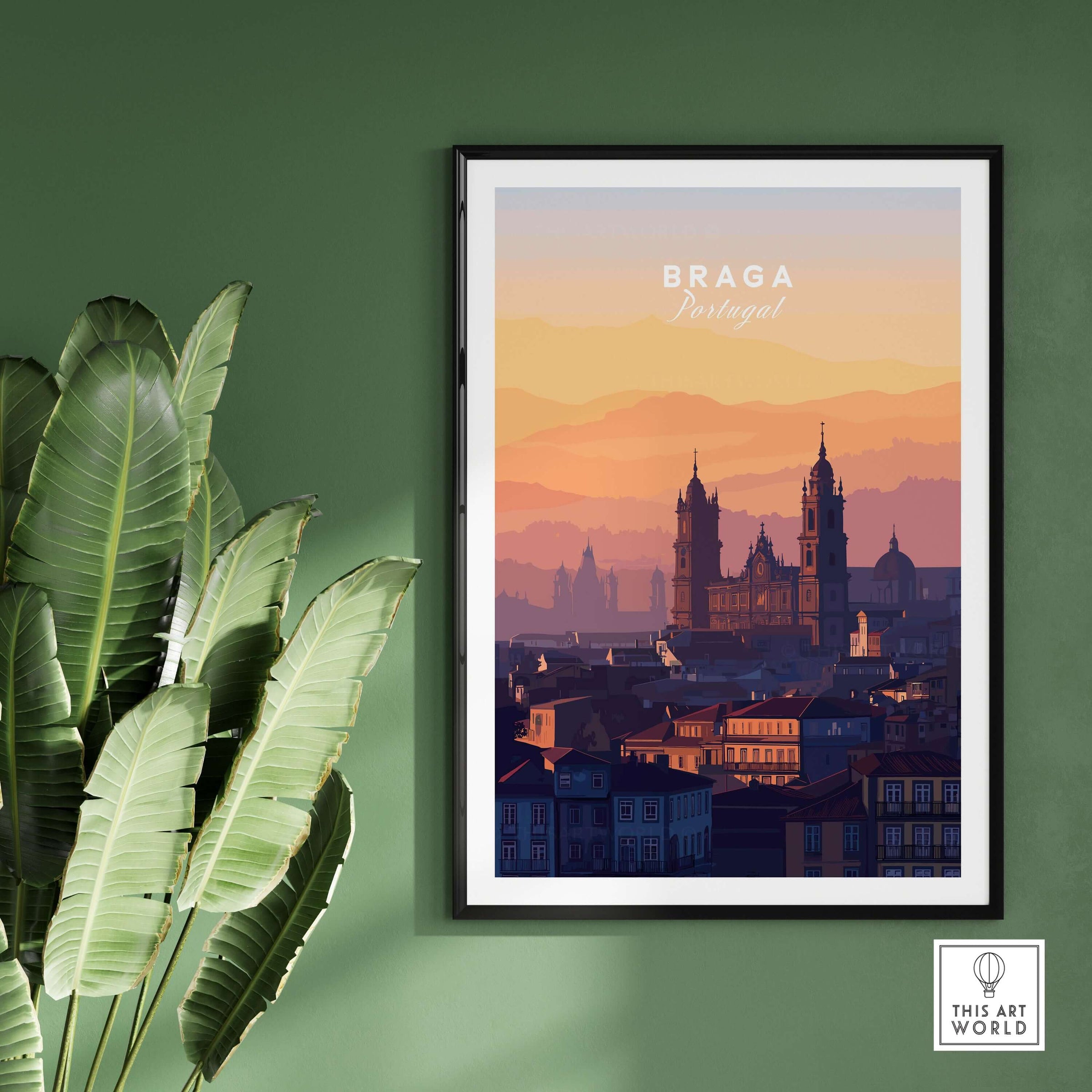 Braga Cathedral Rooftops View Print | Portuguese City Wall Decor displayed on a green wall with plants.