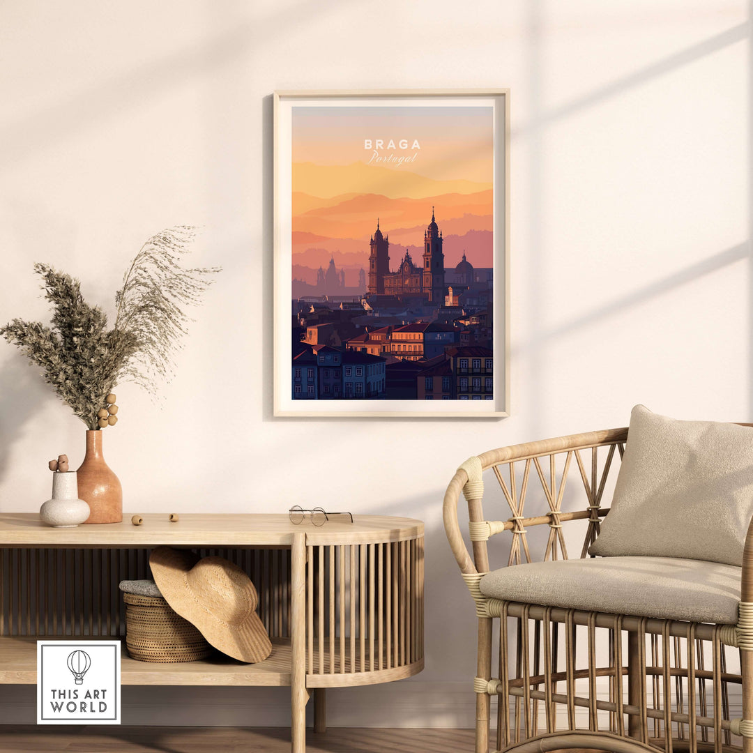 Braga Cathedral Rooftops View Print | Portuguese City Wall Decor displayed in a modern living room setting.