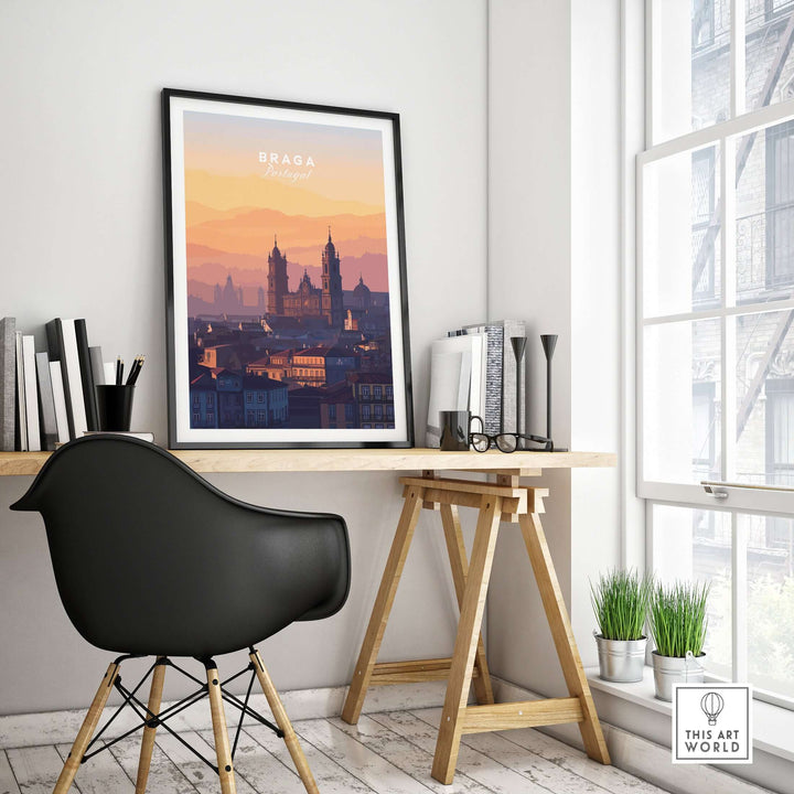 Braga Cathedral Rooftops View Print | Portuguese City Wall Decor displayed in a modern office setting with a stylish chair.