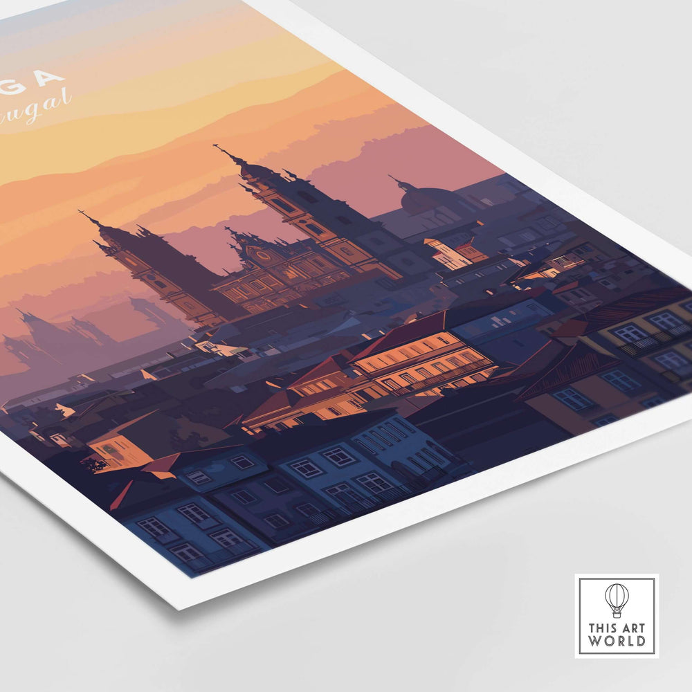 Braga Cathedral Rooftops View Print | Portuguese City Wall Decor featuring vibrant city skyline at sunset.