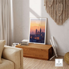 Braga Cathedral Rooftops View Print | Portuguese City Wall Decor displayed in modern living room setting.