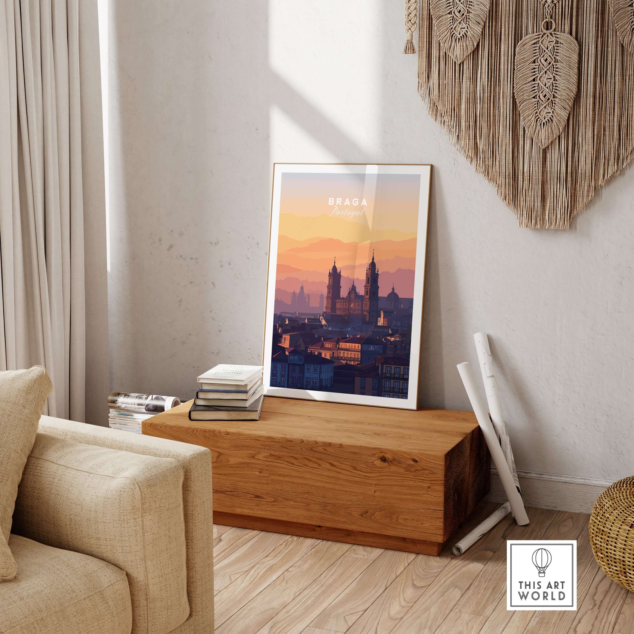 Braga Cathedral Rooftops View Print | Portuguese City Wall Decor displayed in modern living room setting.