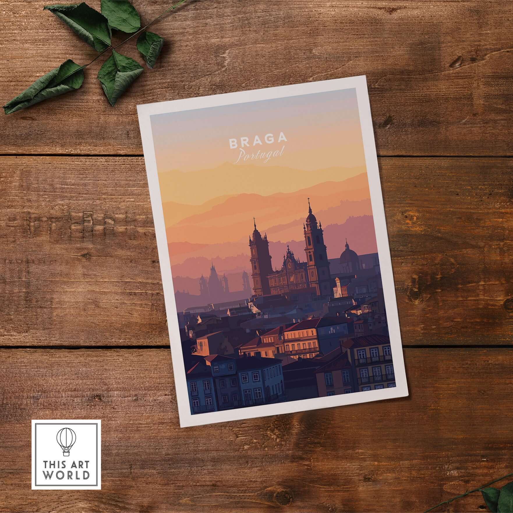 Braga Cathedral Rooftops View Print | Portuguese City Wall Decor on wooden background with foliage.