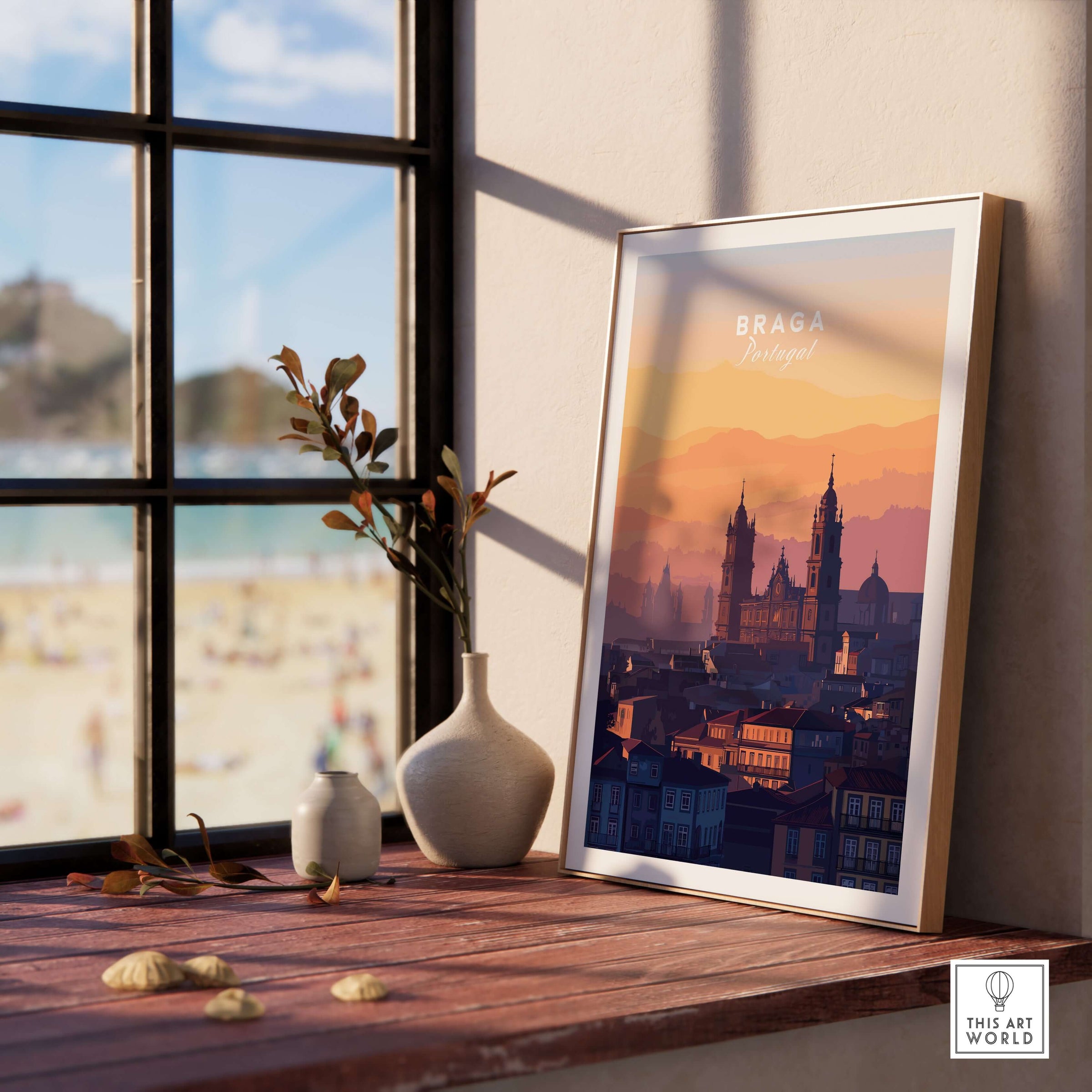 Braga Cathedral Rooftops View Print | Portuguese City Wall Decor showcased in a bright room with beach view.