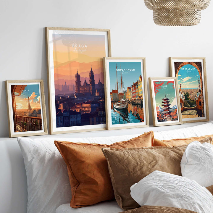 Braga Cathedral Rooftops View Print | Portuguese City Wall Decor displayed in a gallery wall arrangement.