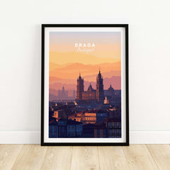 Braga Cathedral Rooftops View Print | Portuguese City Wall Decor in framed artwork featuring sunset hues.