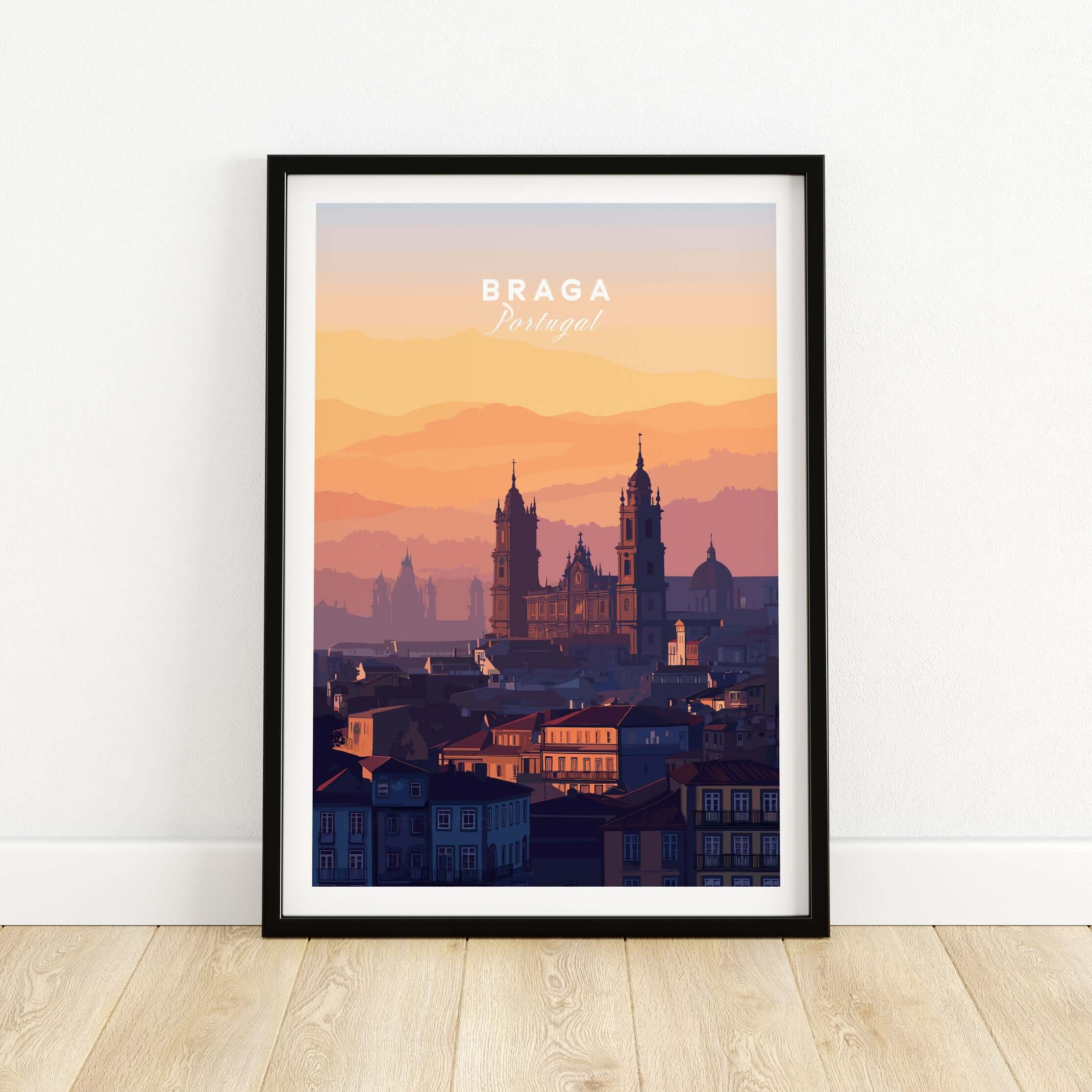 Braga Cathedral Rooftops View Print | Portuguese City Wall Decor in framed artwork featuring sunset hues.