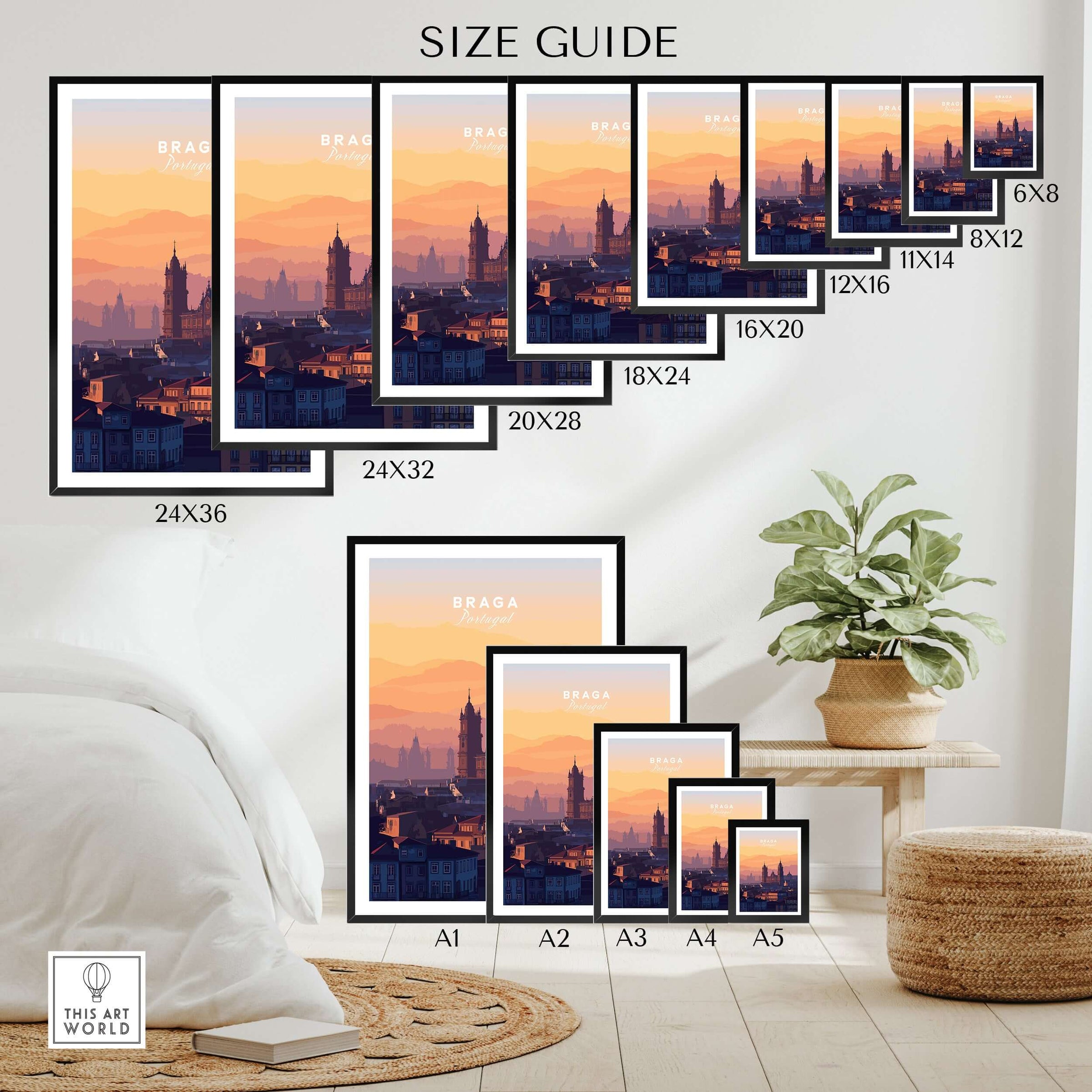 Braga Cathedral Rooftops View Print | Portuguese City Wall Decor size guide displayed on a living room wall with plant.