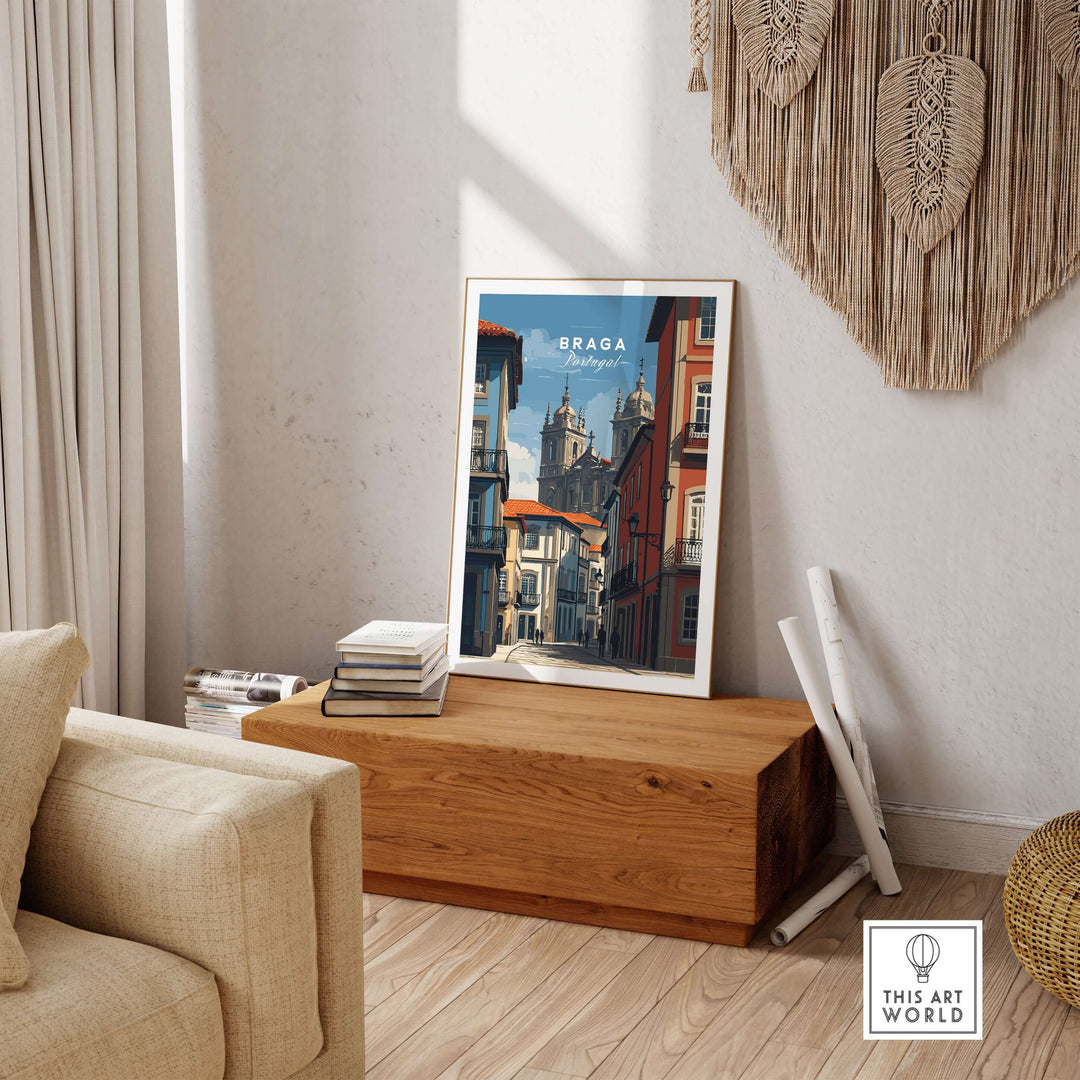 Braga Historic Centre Print | Portuguese Urban Wall Art displayed in a cozy living room setting.