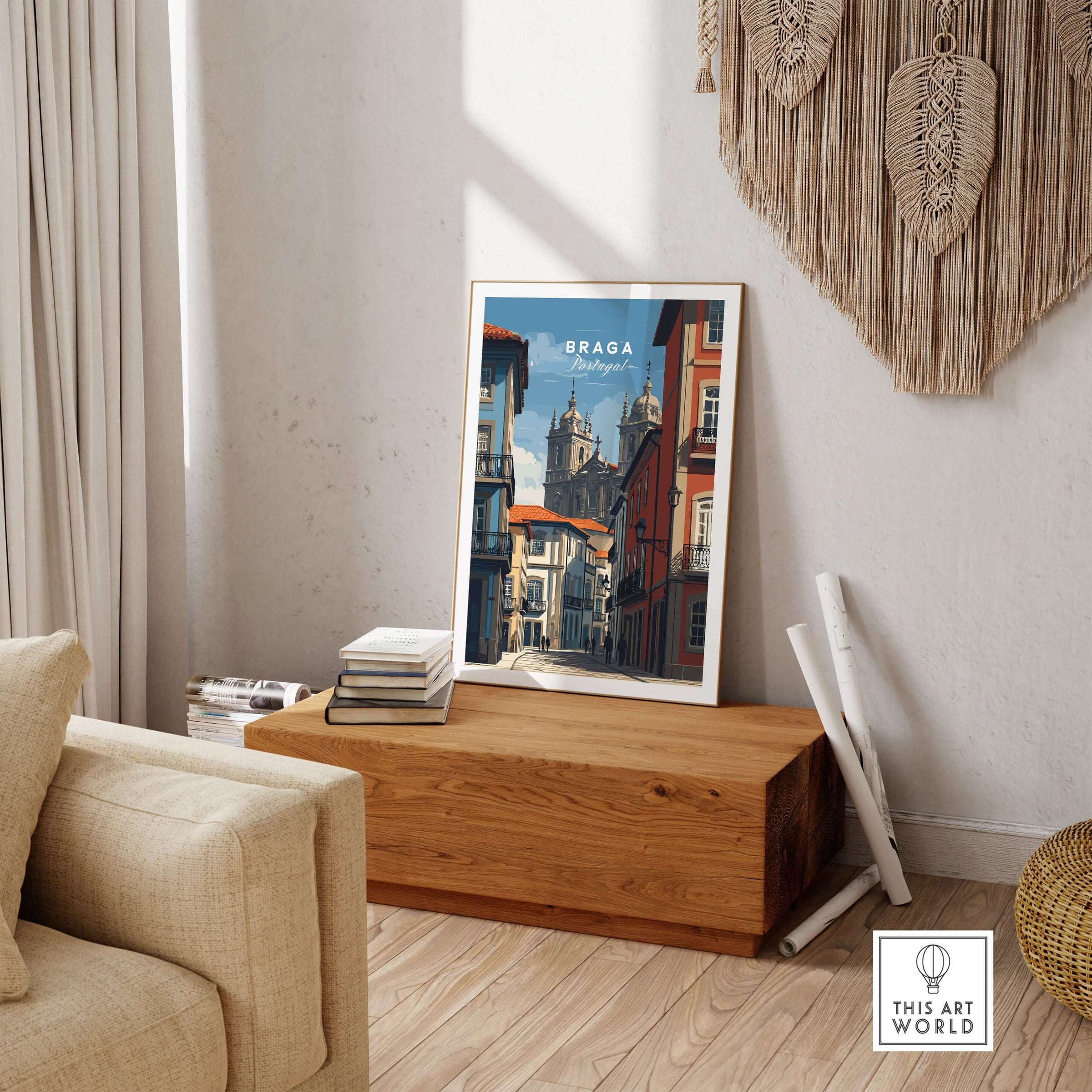 Braga Historic Centre Print | Portuguese Urban Wall Art displayed in a cozy living room setting.