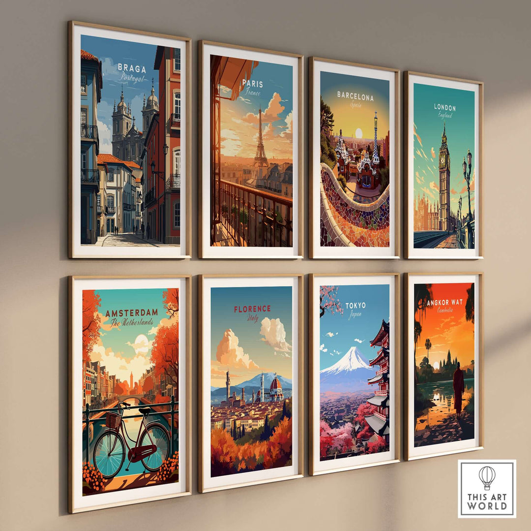 Braga Historic Centre Print | Portuguese Urban Wall Art displayed among other city-themed prints on a wall.