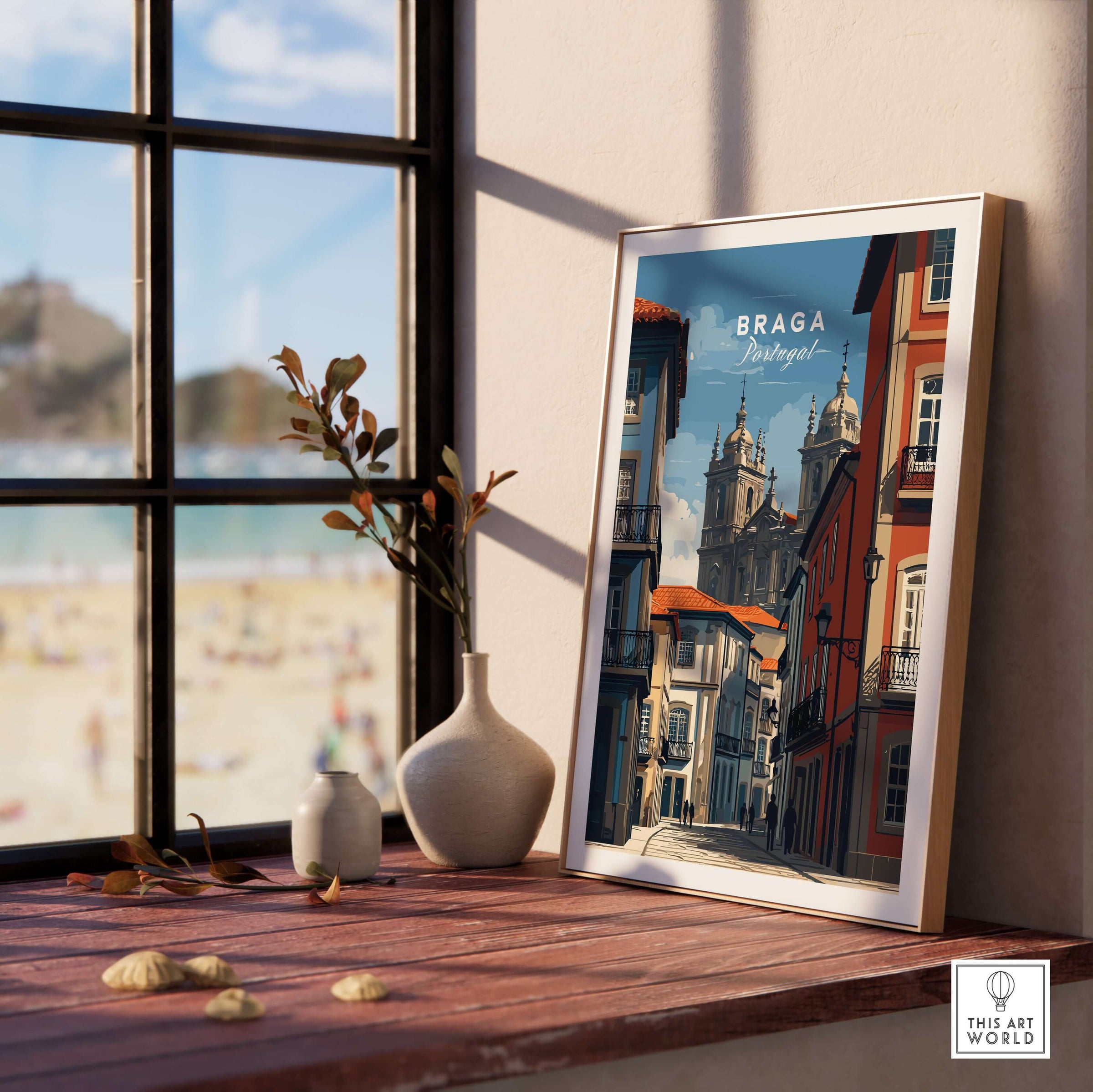 Braga Historic Centre Print | Portuguese Urban Wall Art displayed on a windowsill with a beach view.