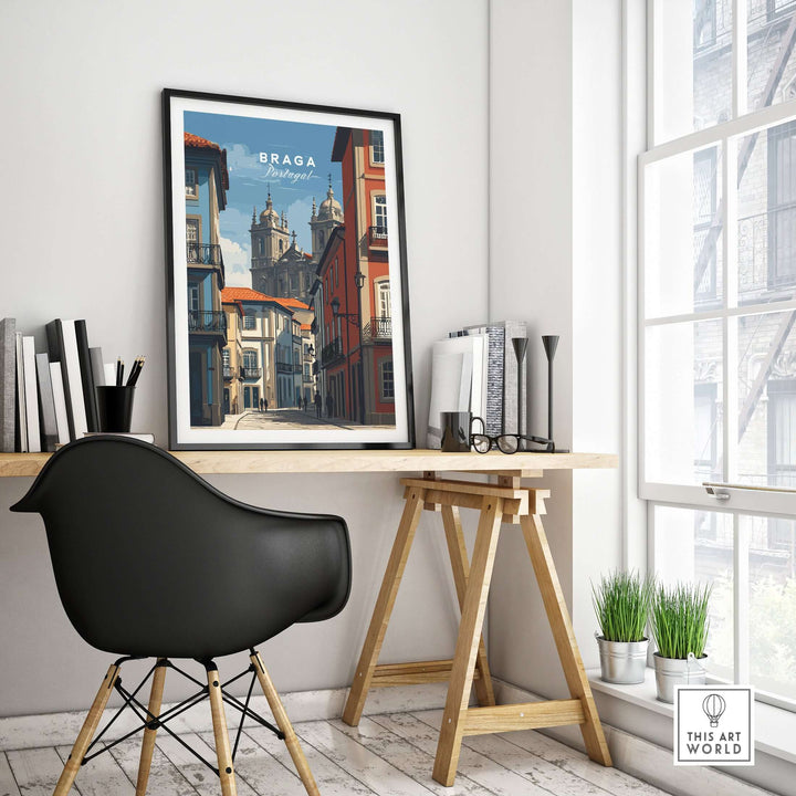 Braga Historic Centre Print | Portuguese Urban Wall Art showcased in a modern workspace with stylish decor.