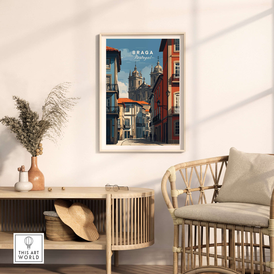 Braga Historic Centre Print | Portuguese Urban Wall Art displayed in a stylish interior setting with rattan furniture.