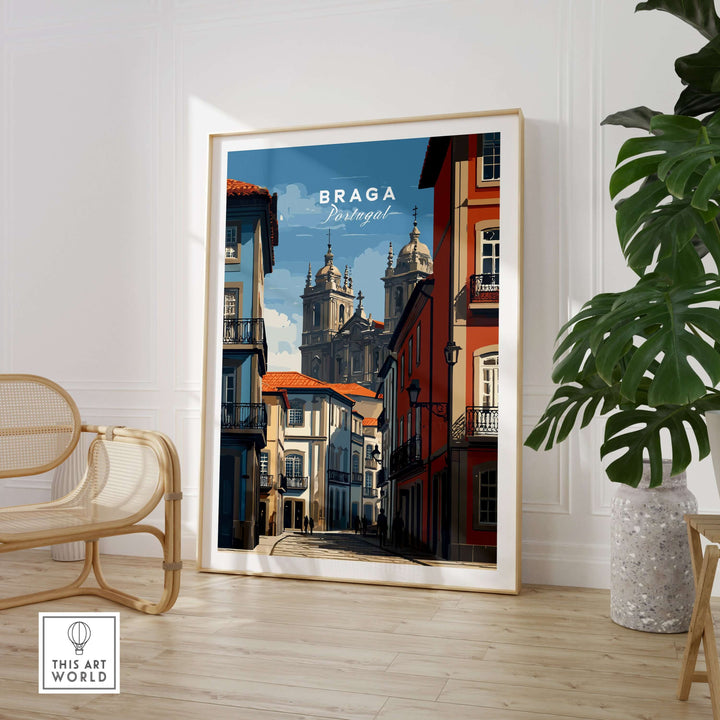 Braga Historic Centre Print | Portuguese Urban Wall Art displayed in a modern living room with greenery.