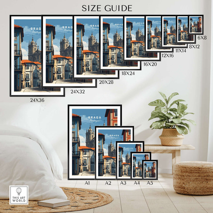 Braga Historic Centre Print | Portuguese Urban Wall Art size guide showcasing various framed print dimensions.