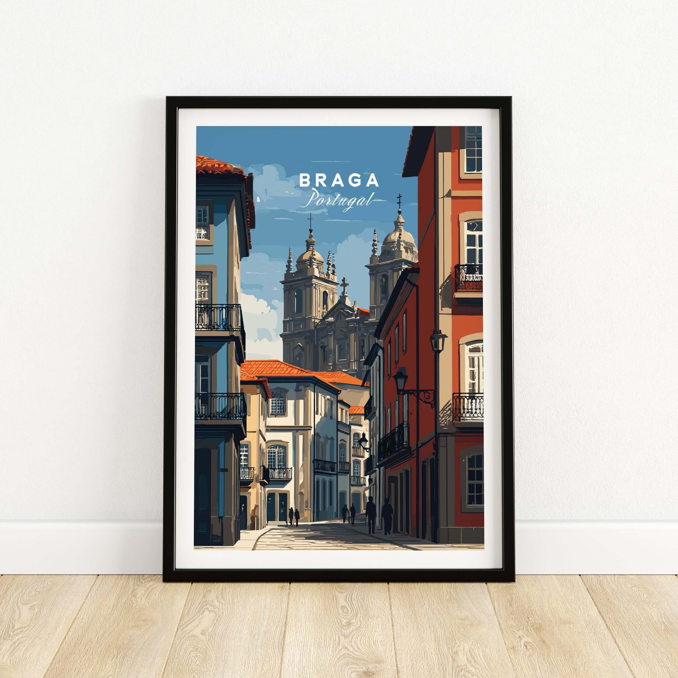 Braga Historic Centre Print | Portuguese Urban Wall Art featuring vibrant streets and historic buildings in Braga, Portugal.