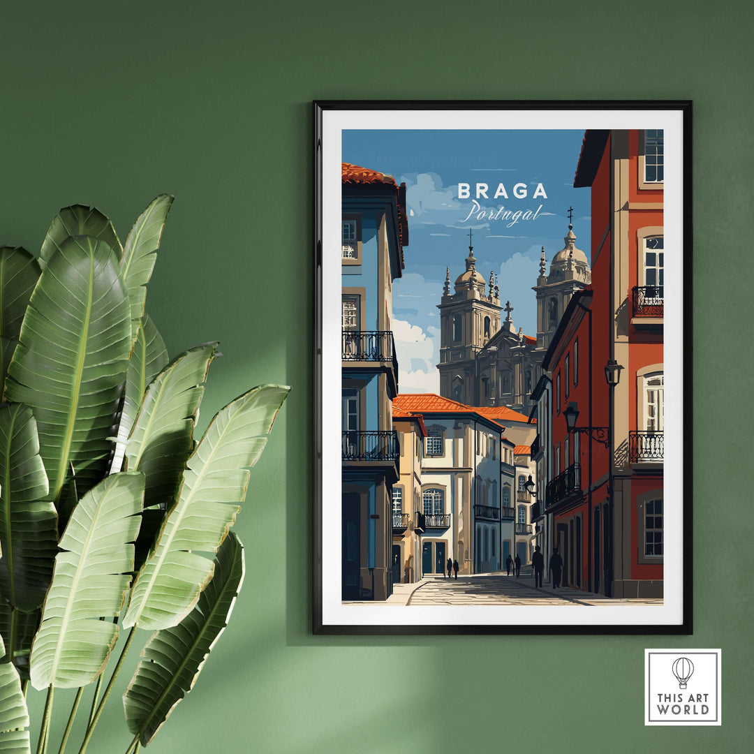 Braga Historic Centre Print | Portuguese Urban Wall Art showcasing Braga's vibrant architecture and cultural heritage.