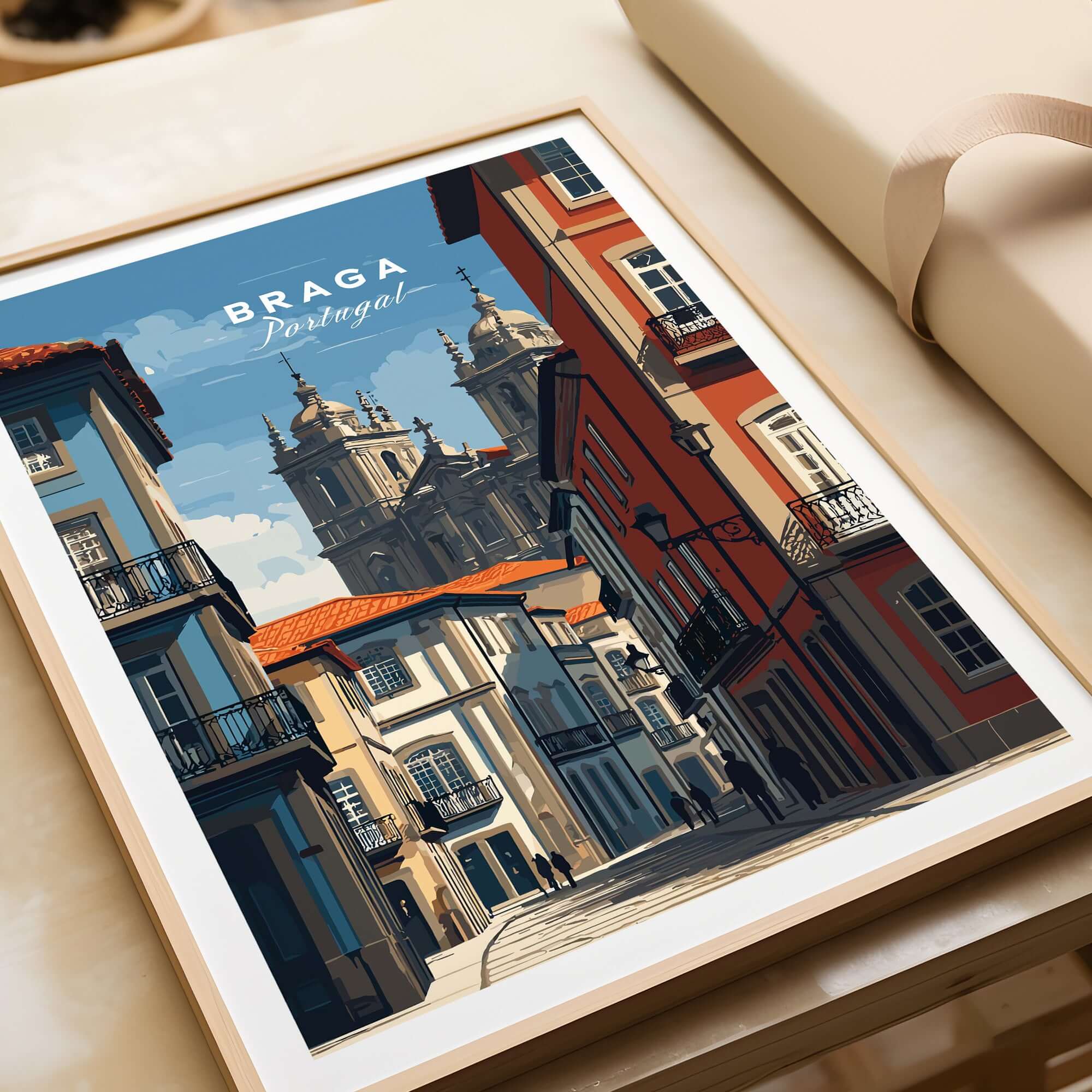 Braga Historic Centre Print | Portuguese Urban Wall Art featuring a charming street view of Braga, Portugal.