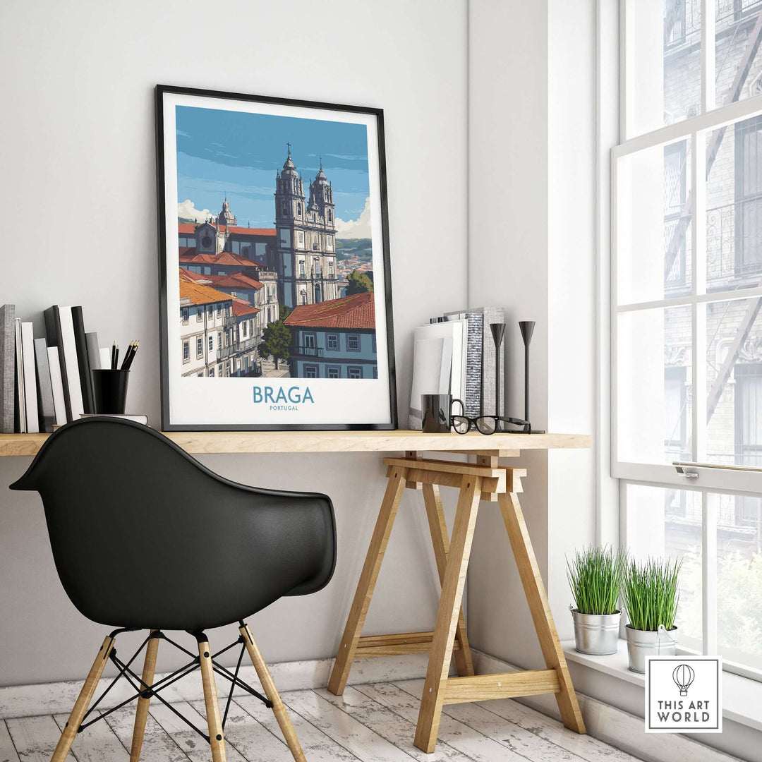 Braga Portugal Art Print | Cathedral City Poster displayed in a stylish home office setting.