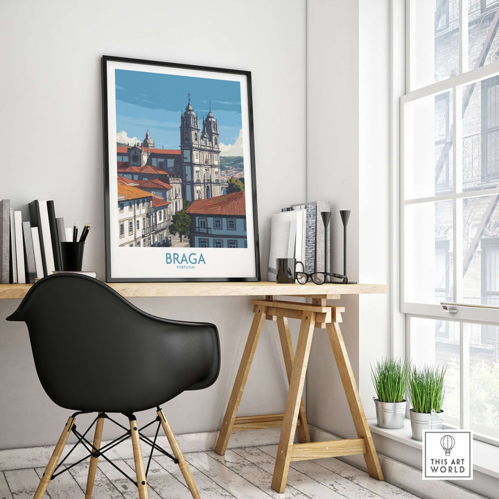 Braga Portugal Art Print | Cathedral City Poster displayed in a stylish home office setting.