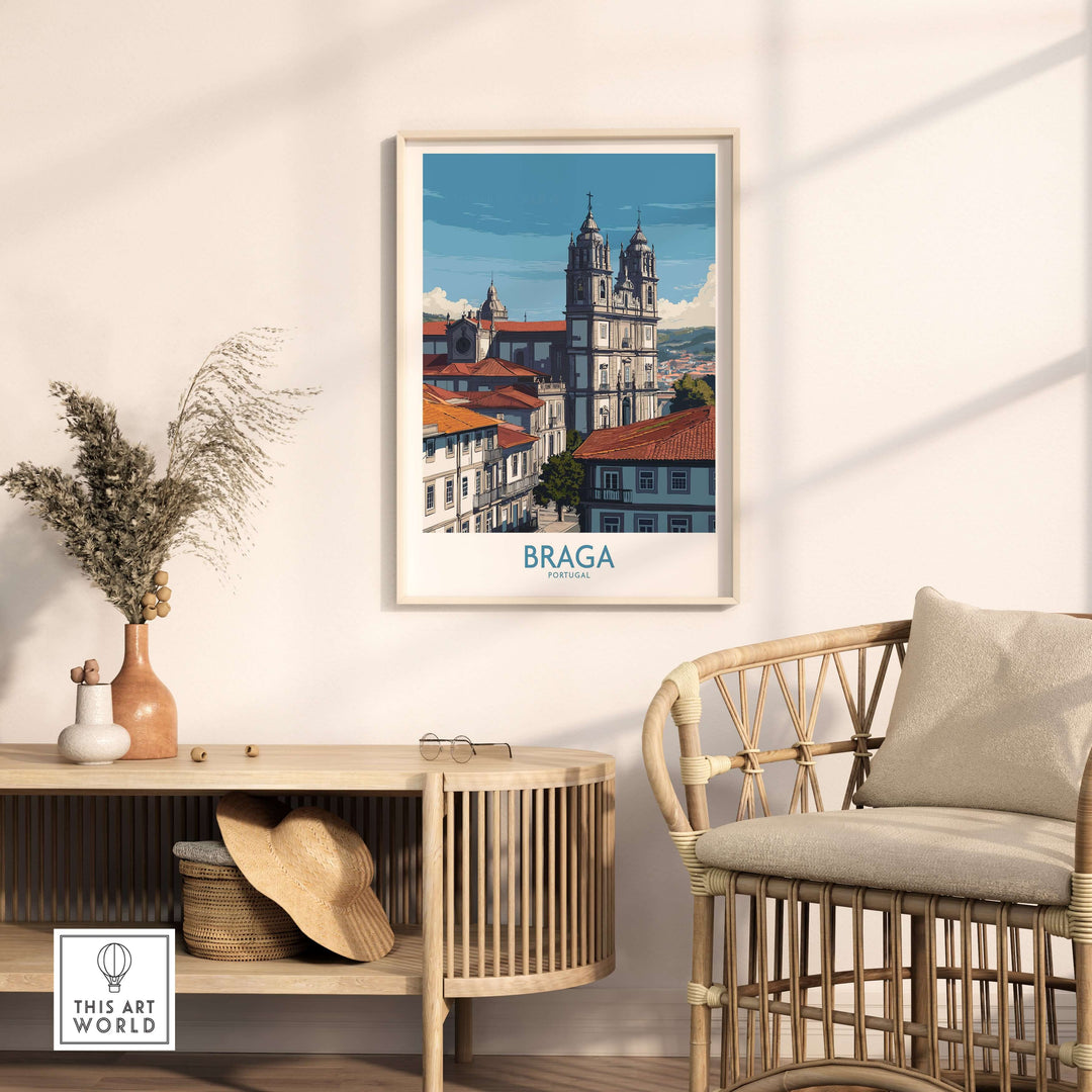 Braga Portugal Art Print | Cathedral City Poster displayed in a stylish room with a modern chair and decor.