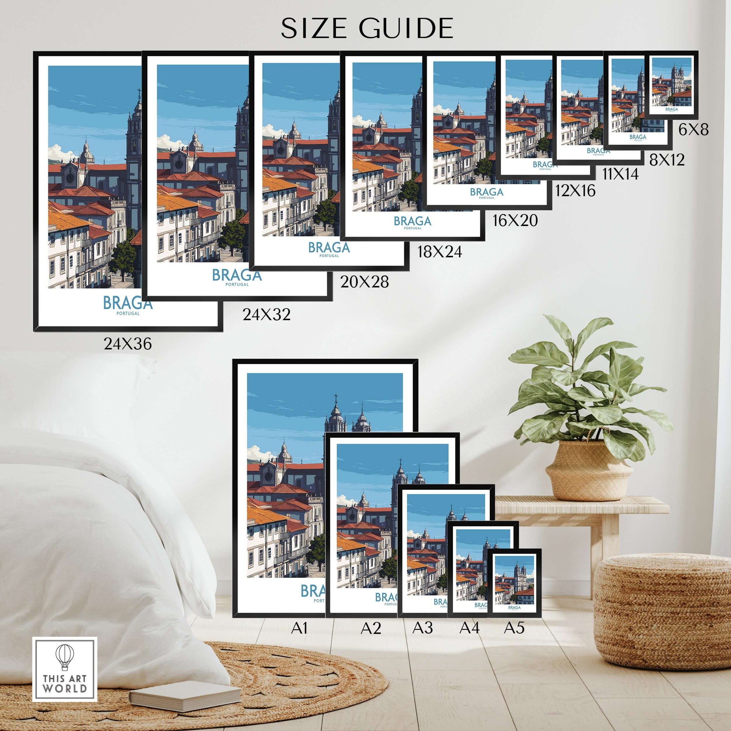 Braga Portugal Art Print | Cathedral City Poster size guide showcasing various frame sizes and designs.