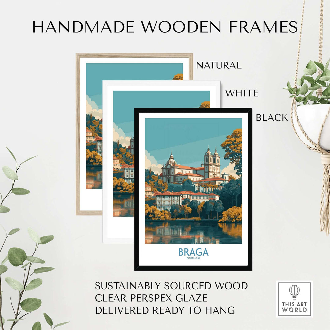 Braga Portugal Art Print | Travel Poster framed in natural, white, and black handmade wooden frames.