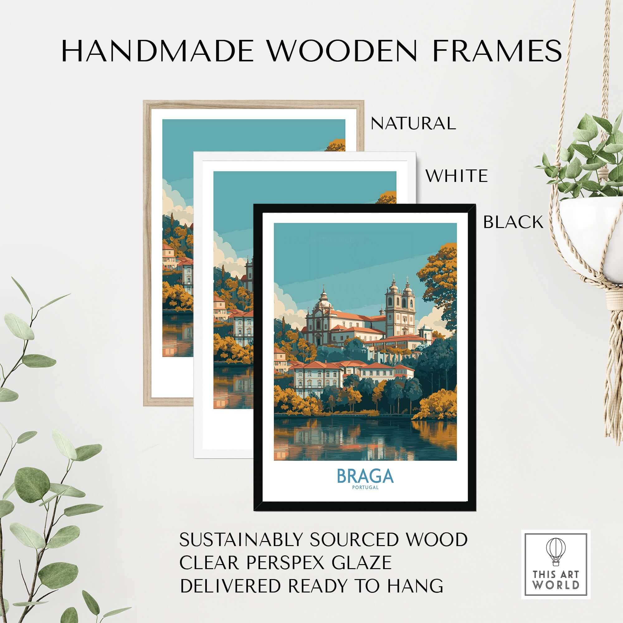 Braga Portugal Art Print | Travel Poster in handmade wooden frames, showcasing natural, white, and black options.
