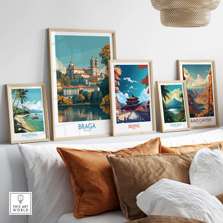 Braga Portugal Art Print | Travel Poster displayed among other vibrant travel posters on a stylish wall.