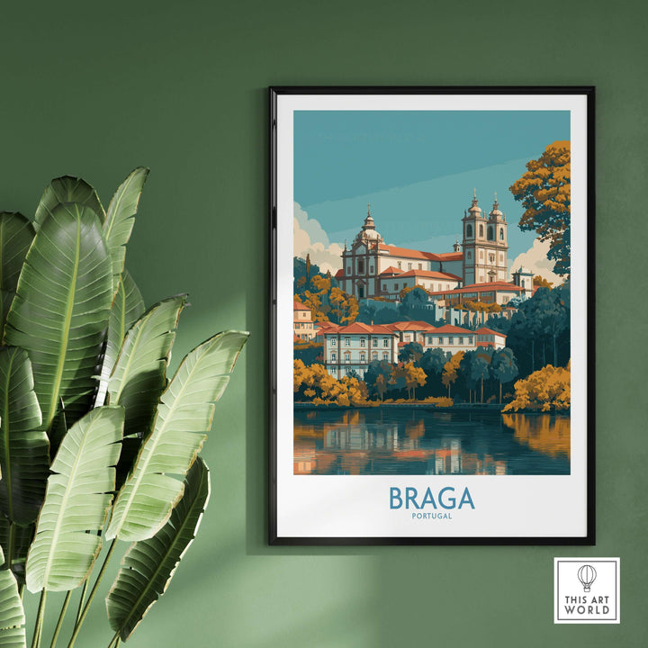 Braga Portugal Art Print | Travel Poster featuring a picturesque view of Braga's historic buildings and landscape.