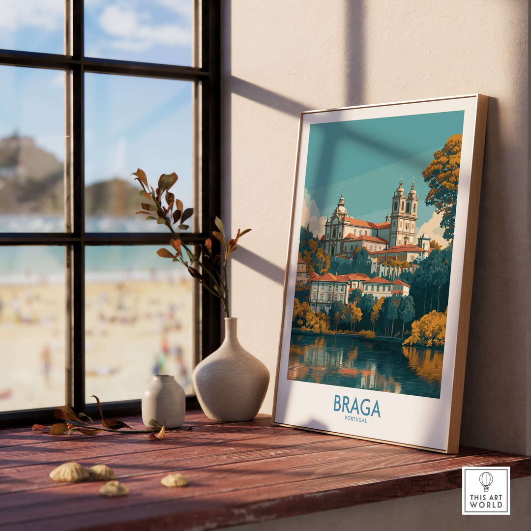 Braga Portugal Art Print | Travel Poster displayed in a sunny room with a view of the beach and decorative elements.