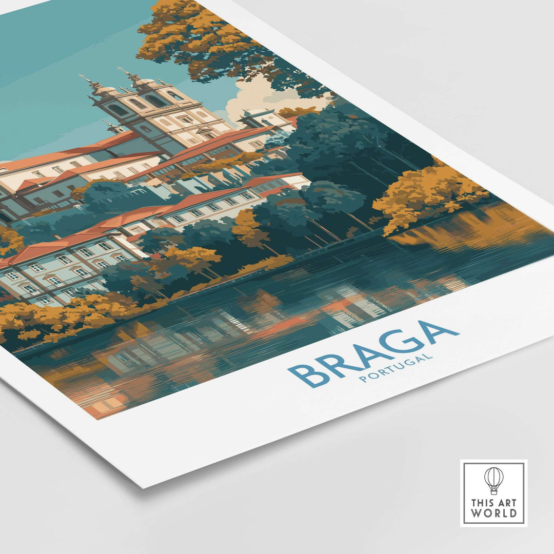 Braga Portugal Art Print | Travel Poster featuring a scenic view of Braga's historic architecture and serene waterfront.