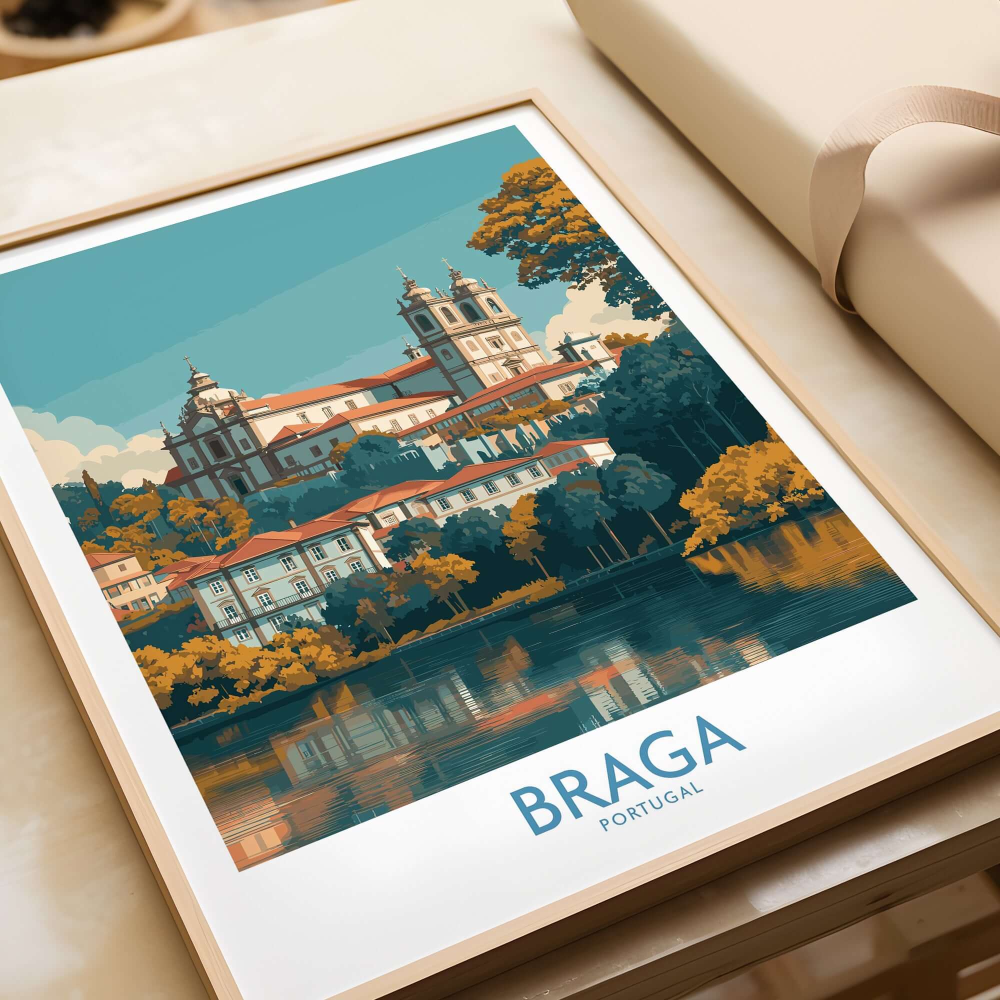 Braga Portugal Art Print | Travel Poster featuring a colorful depiction of Braga's historic buildings and reflection.