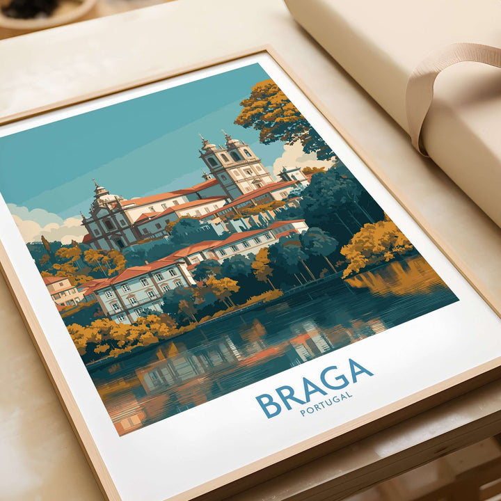 Braga Portugal Art Print | Travel Poster showcasing Braga's historic buildings and scenic landscape.