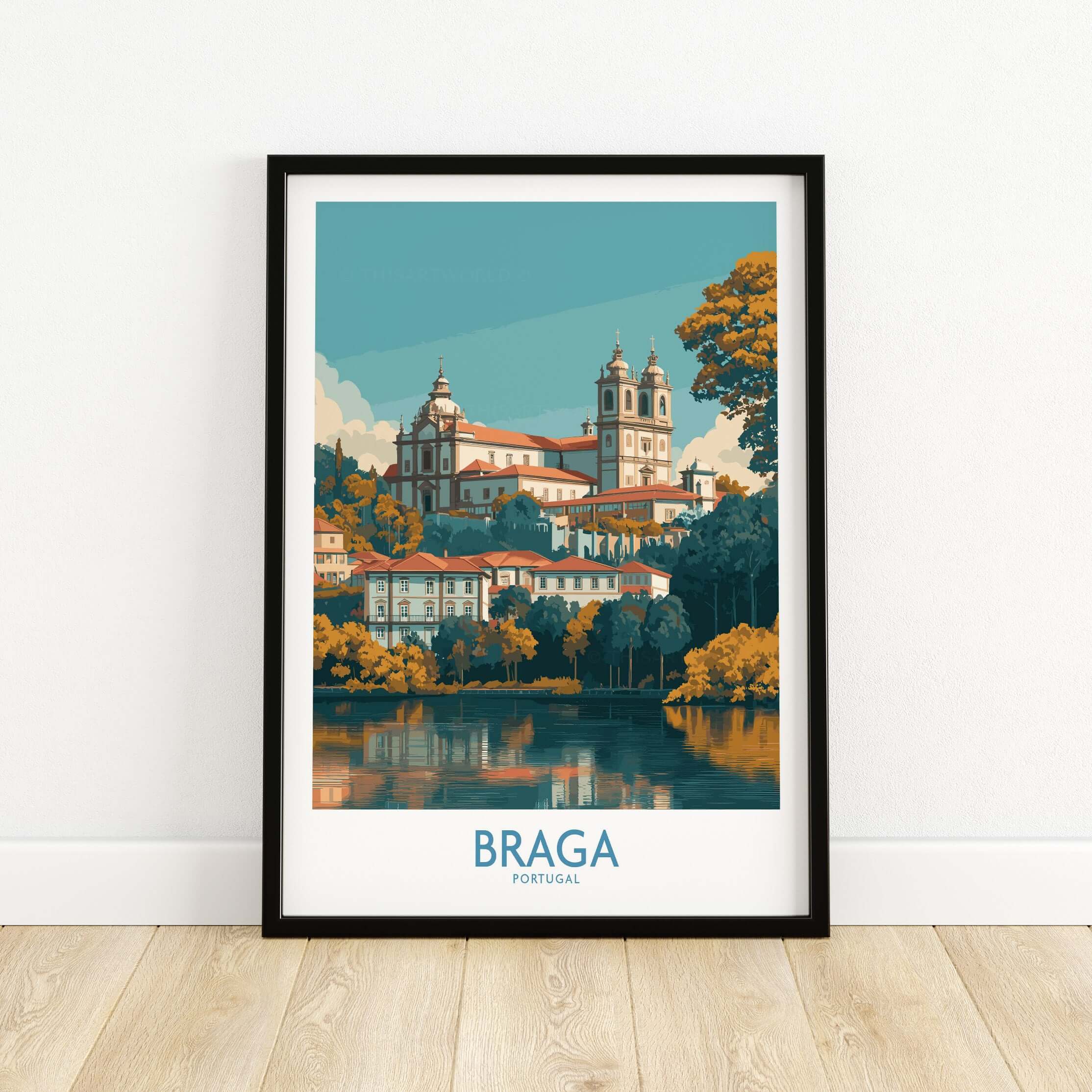 Braga Portugal Art Print | Travel Poster featuring a scenic view of Braga's architecture and landscape.