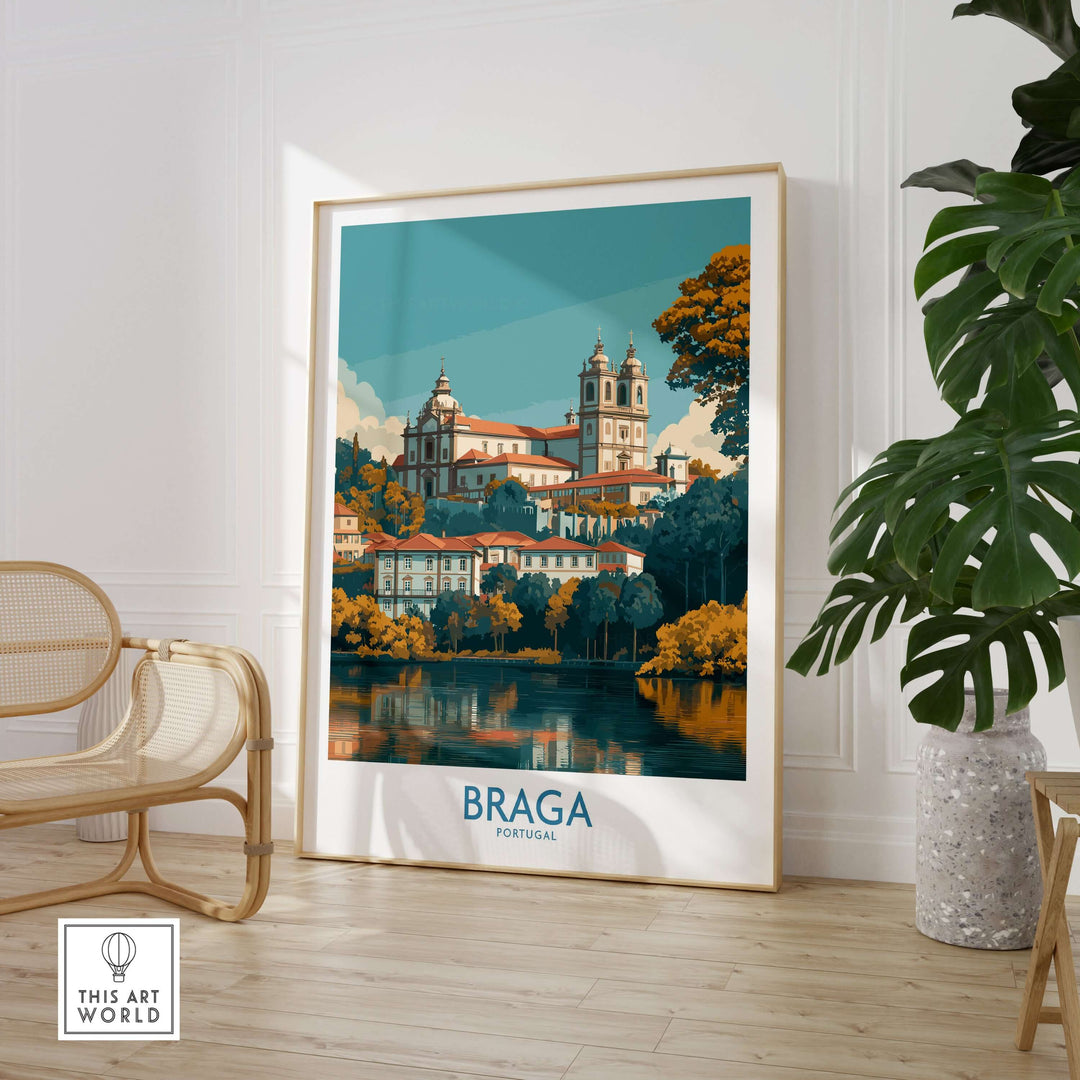 Braga Portugal Art Print | Travel Poster featuring a vibrant landscape of Braga with historic architecture.