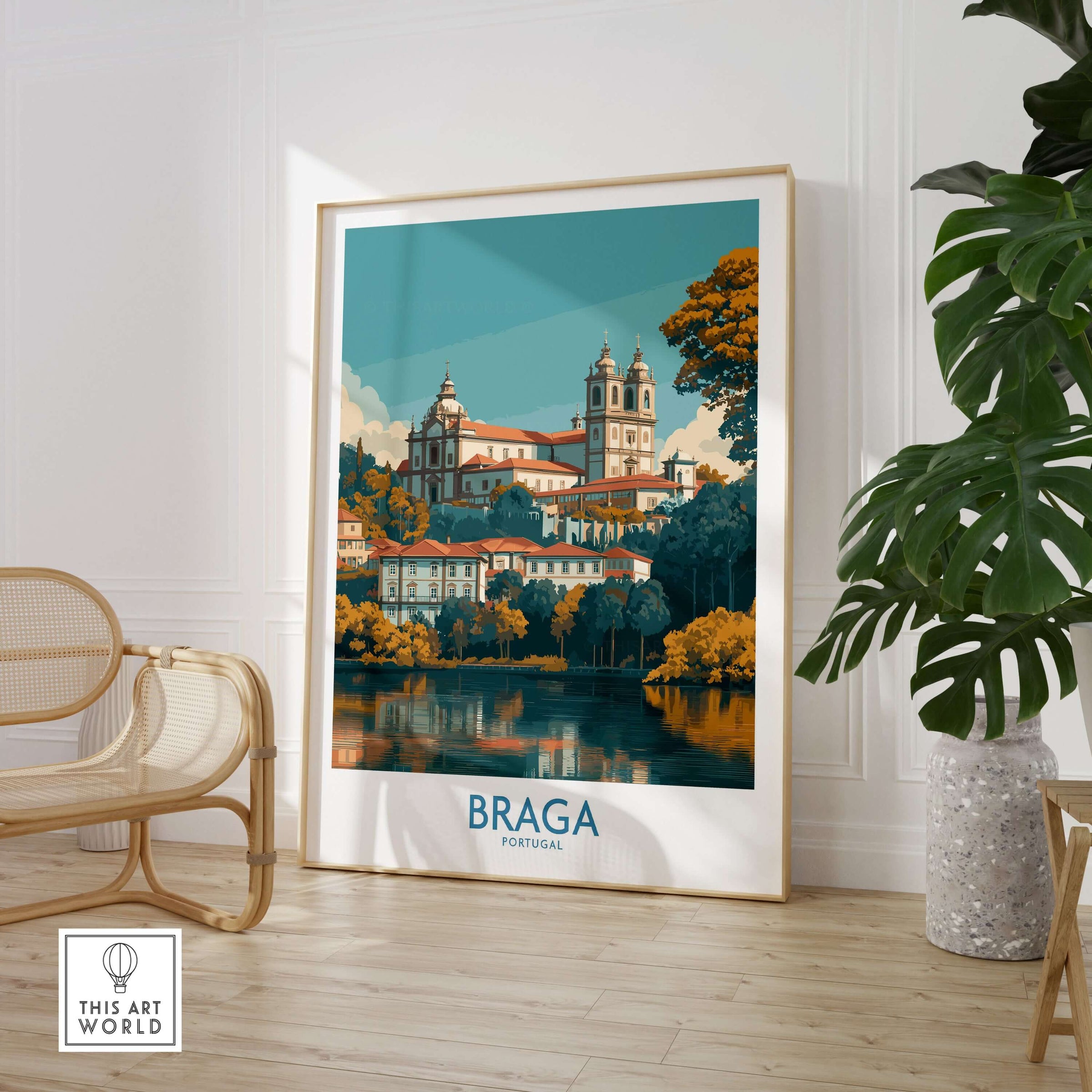 Braga Portugal Art Print | Travel Poster showcasing the city's beauty in vibrant colors and detailed design.