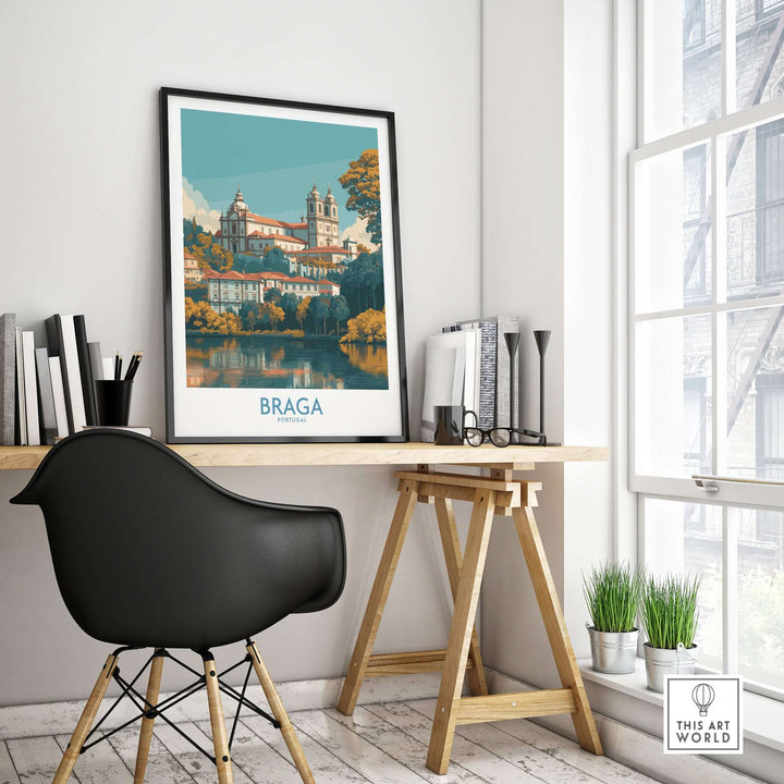 Braga Portugal Art Print | Travel Poster showcased in a stylish workspace with a modern chair and plants, inspiring wanderlust.