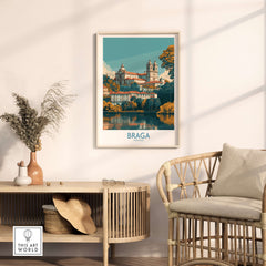 Braga Portugal Art Print | Travel Poster displayed on a wall above a stylish chair and decorative items.